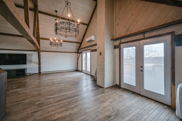 interior space with high vaulted ceiling, an inviting chandelier, french doors, a baseboard radiator, and beamed ceiling