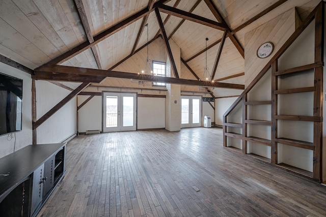 bonus room featuring wooden ceiling, french doors, beamed ceiling, and wood-type flooring