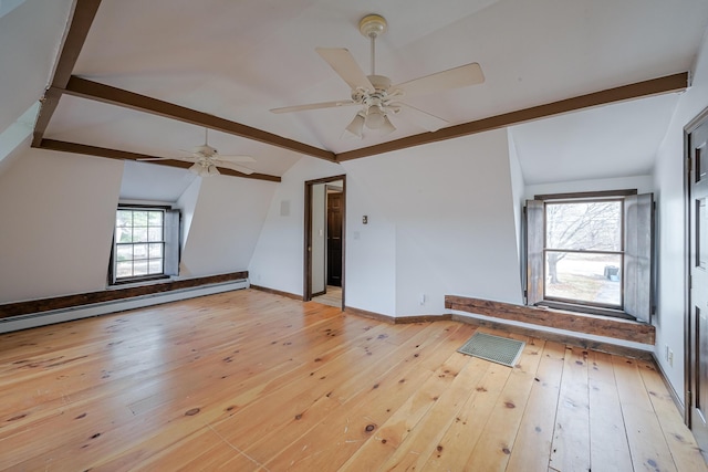 unfurnished room with vaulted ceiling with beams, light wood-type flooring, ceiling fan, and a baseboard heating unit