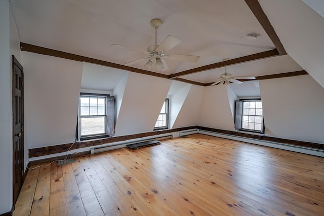 interior space with baseboard heating, light hardwood / wood-style flooring, ceiling fan, and lofted ceiling