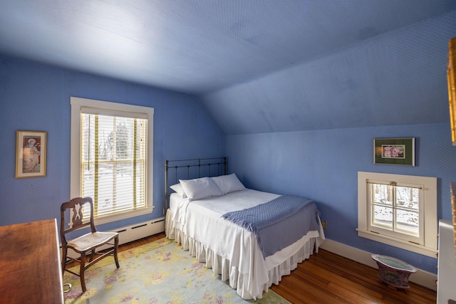 bedroom with hardwood / wood-style floors and lofted ceiling