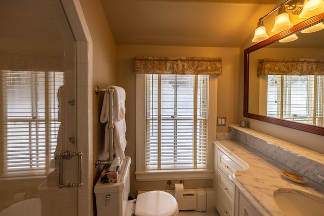 bathroom featuring toilet, vanity, vaulted ceiling, and a shower with door