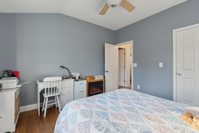 29 Sadler Dr Unit 29, Brunswick, ME 04011 - bedroom with ceiling fan, dark hardwood / wood-style floors, and lofted ceiling