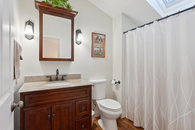 29 Sadler Dr Unit 29, Brunswick, ME 04011 - bathroom featuring vaulted ceiling with skylight, vanity, toilet, and hardwood / wood-style flooring