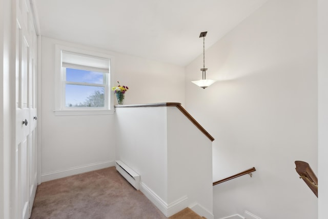 29 Sadler Dr Unit 29, Brunswick, ME 04011 - stairs featuring lofted ceiling, carpet floors, and a baseboard radiator