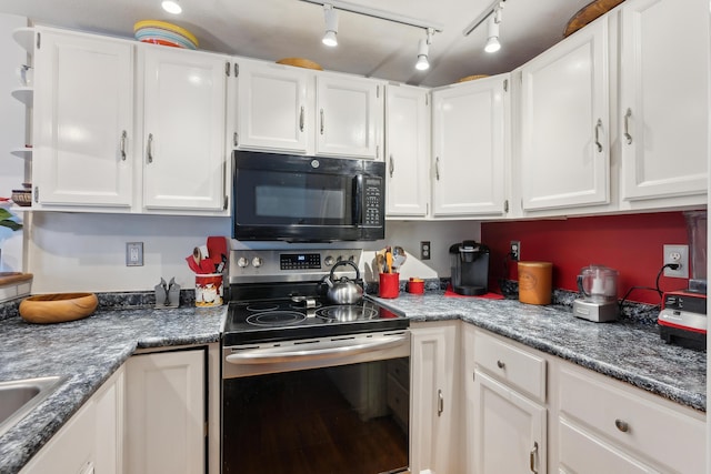 29 Sadler Dr Unit 29, Brunswick, ME 04011 - kitchen featuring white cabinets, stainless steel electric range oven, rail lighting, and dark stone counters