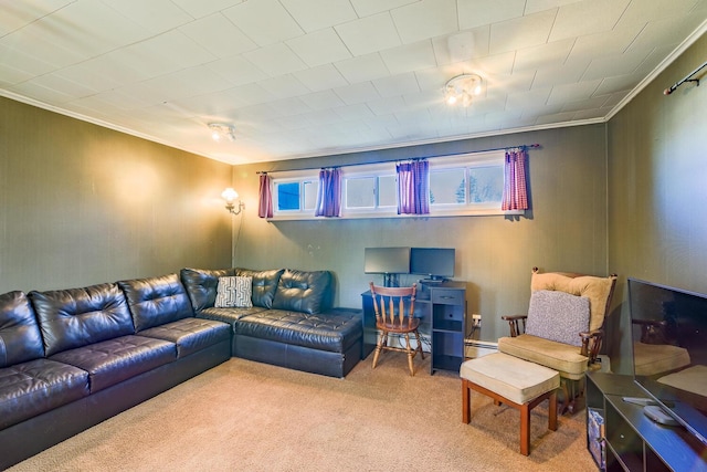 living room featuring baseboard heating, crown molding, and light carpet