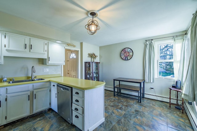 kitchen with sink, baseboard heating, stainless steel dishwasher, pendant lighting, and white cabinets