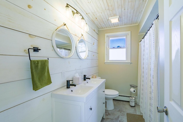 bathroom with crown molding, wooden walls, toilet, baseboard heating, and wood ceiling