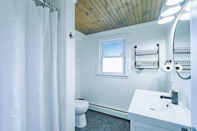 bathroom with wood ceiling, vanity, a baseboard radiator, toilet, and curtained shower