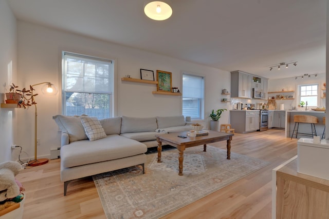 living room featuring sink, baseboard heating, and light hardwood / wood-style flooring