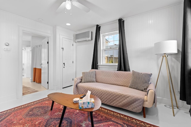 living room featuring an AC wall unit, ceiling fan, and ornamental molding