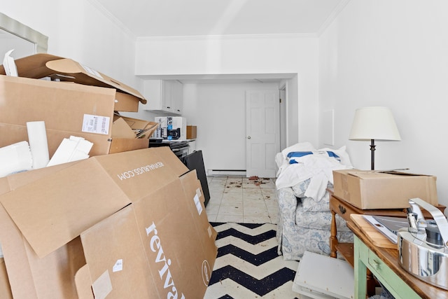 interior space with a baseboard radiator and ornamental molding