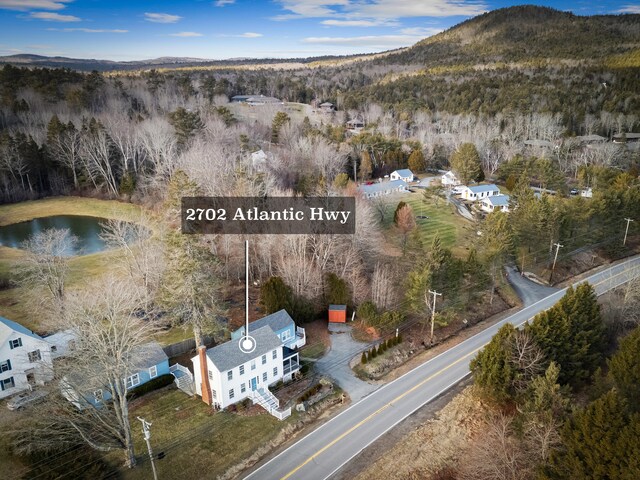 drone / aerial view with a water and mountain view