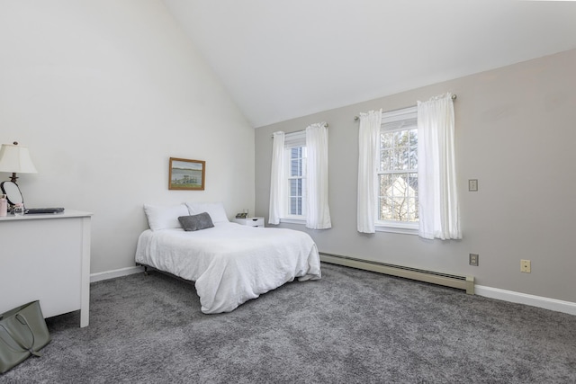 bedroom with dark carpet, high vaulted ceiling, and a baseboard heating unit