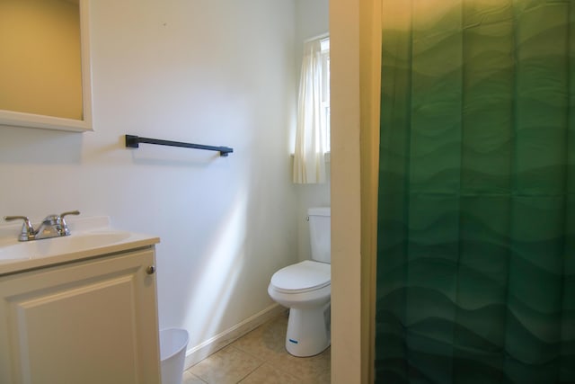 bathroom with tile patterned floors, walk in shower, vanity, and toilet