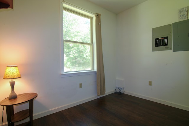 spare room featuring electric panel and dark hardwood / wood-style flooring