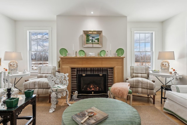 living area featuring a fireplace and hardwood / wood-style floors