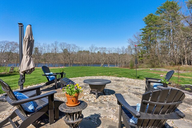 view of patio with a water view