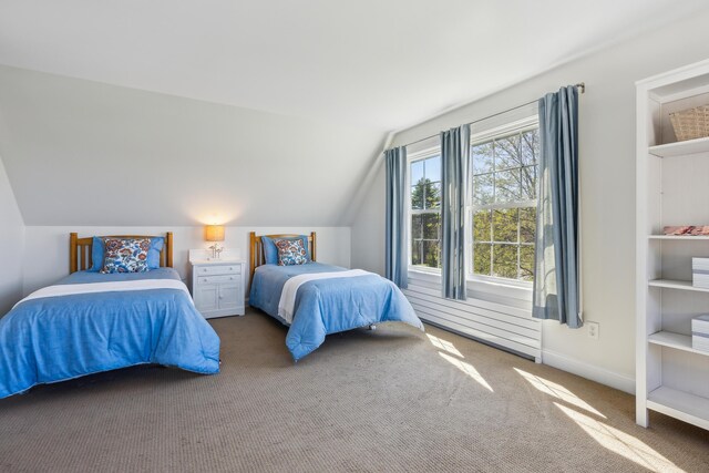 bedroom featuring carpet floors, baseboards, and lofted ceiling
