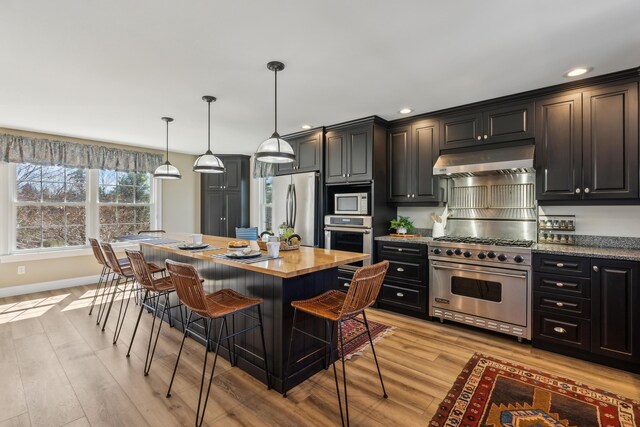 kitchen with a breakfast bar, a center island, under cabinet range hood, light wood-style flooring, and stainless steel appliances