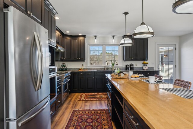 kitchen with decorative light fixtures, dark wood finished floors, a sink, wood counters, and stainless steel appliances