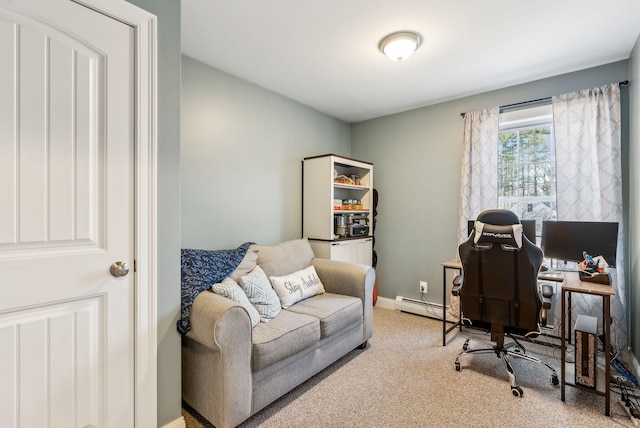 office with carpet flooring and a baseboard heating unit