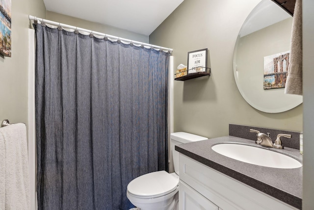 bathroom featuring toilet, vanity, and walk in shower