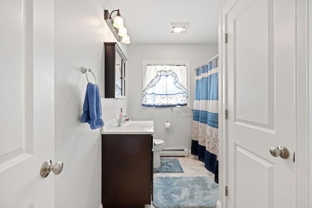 bathroom featuring a shower with curtain, vanity, toilet, and a baseboard heating unit