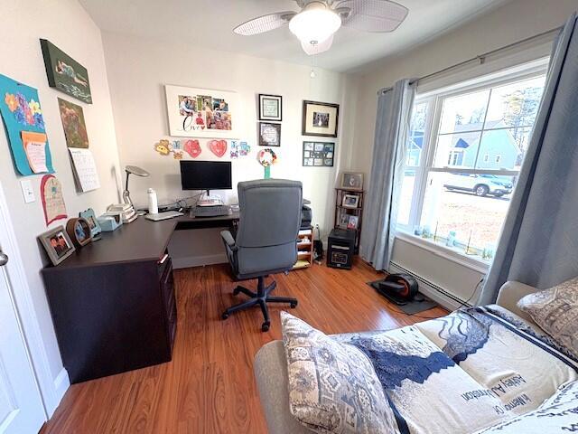 office featuring hardwood / wood-style flooring and ceiling fan