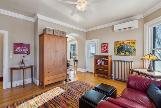 living room with light hardwood / wood-style floors, a wall mounted air conditioner, radiator, and plenty of natural light