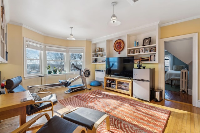 workout area with built in shelves, light hardwood / wood-style flooring, and crown molding