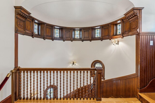 interior space featuring wood walls