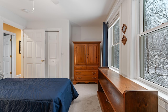 bedroom with ceiling fan, multiple windows, a closet, and light carpet