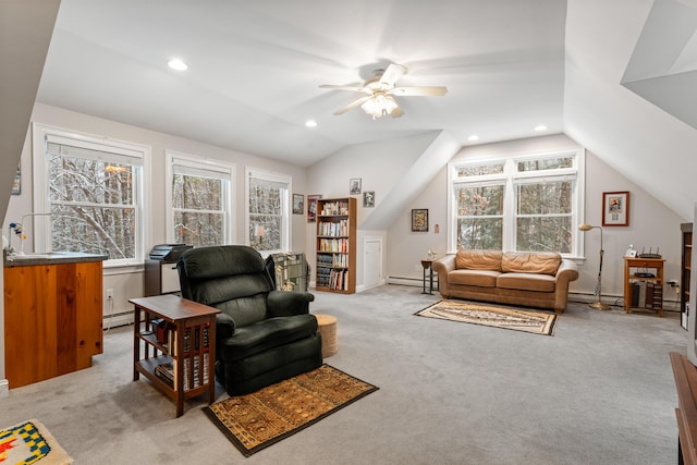 carpeted living room featuring a baseboard radiator, ceiling fan, and vaulted ceiling