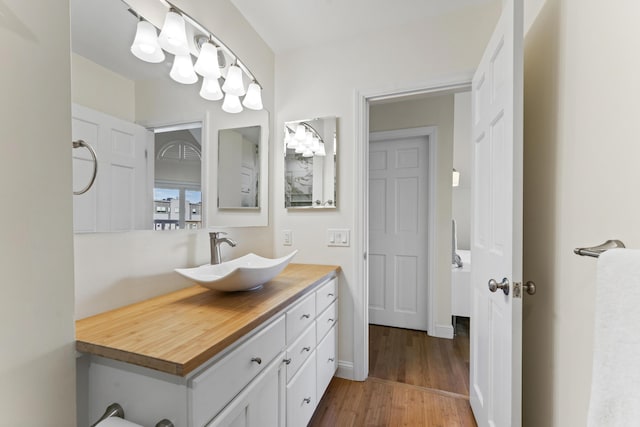 bathroom featuring hardwood / wood-style flooring and vanity