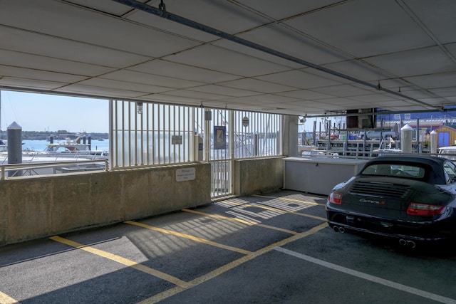 interior space with a water view