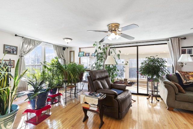 living room with ceiling fan, light wood-type flooring, and a textured ceiling