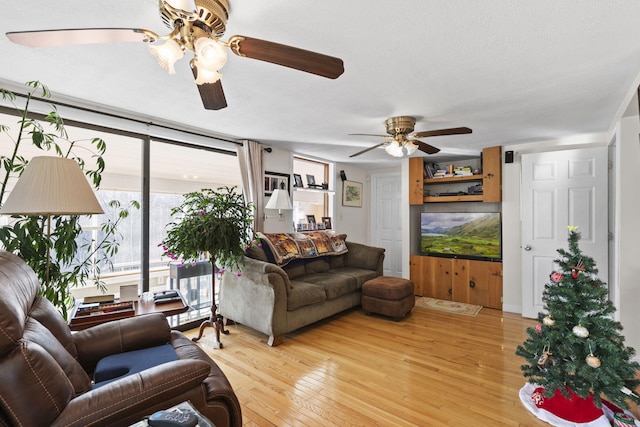 living room featuring light hardwood / wood-style flooring, a textured ceiling, and a wall of windows