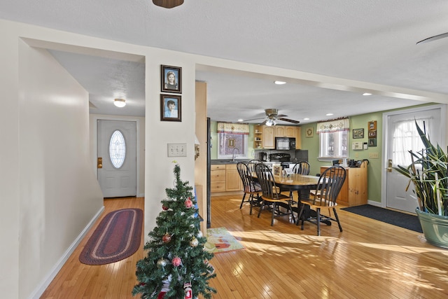 dining room featuring ceiling fan, light hardwood / wood-style floors, plenty of natural light, and sink