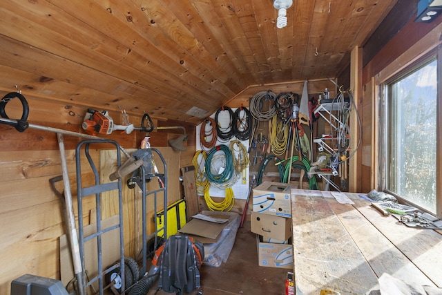 interior space featuring lofted ceiling and wooden ceiling