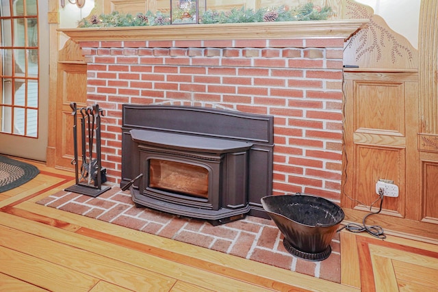 room details featuring a wood stove