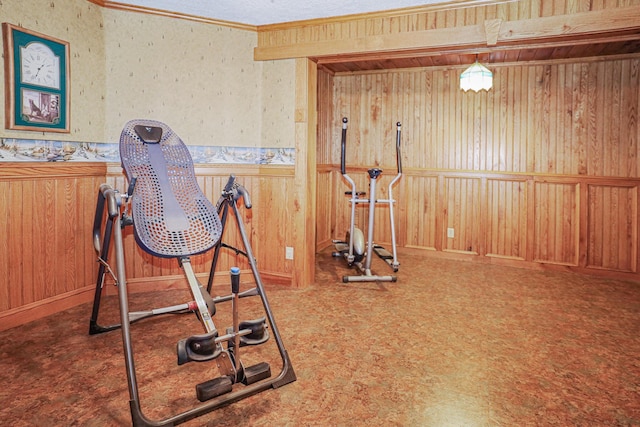 exercise area with ornamental molding and wood walls