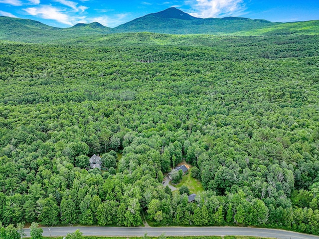 aerial view featuring a forest view and a mountain view