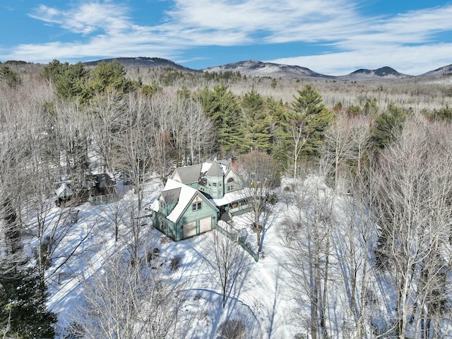 aerial view featuring a mountain view and a view of trees