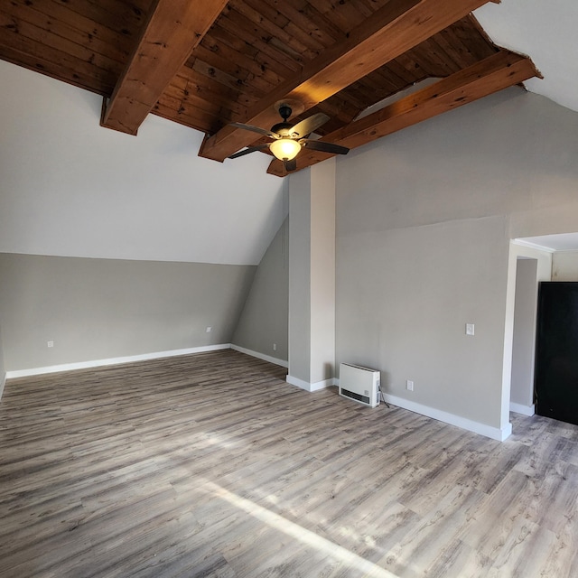 additional living space featuring ceiling fan, lofted ceiling with beams, light wood-type flooring, and wooden ceiling