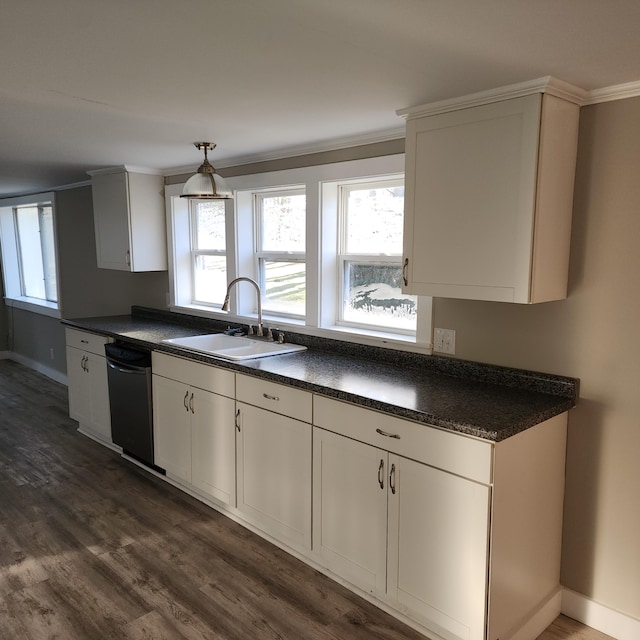 kitchen featuring dark hardwood / wood-style flooring, white cabinetry, sink, and dishwasher