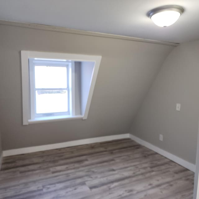 additional living space with light hardwood / wood-style flooring and lofted ceiling