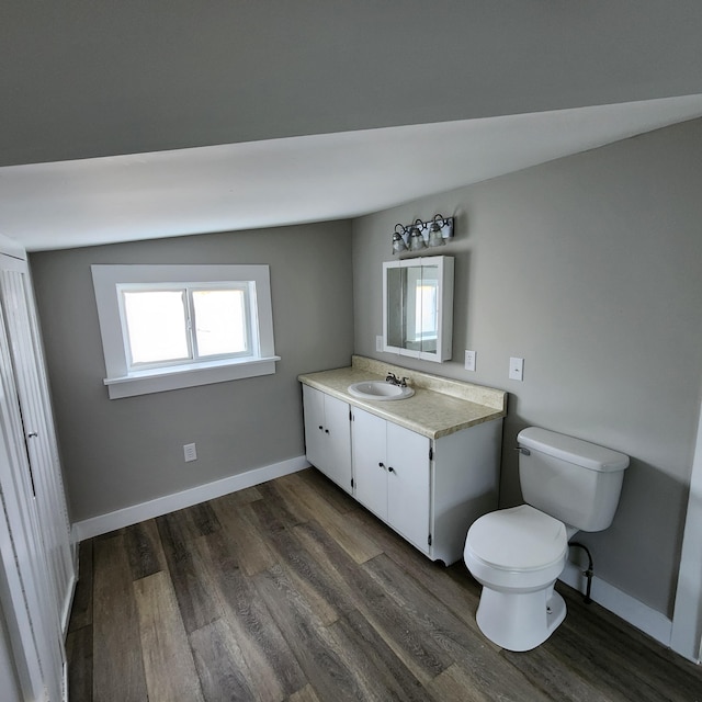 bathroom with vanity, hardwood / wood-style flooring, and toilet