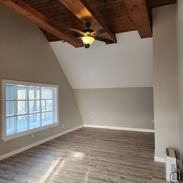 additional living space with wood ceiling, vaulted ceiling with beams, ceiling fan, and wood-type flooring